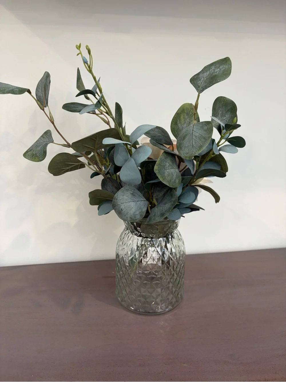 Vintage diamond glass vase with cream Peony and Green Eucalyptus floral mix